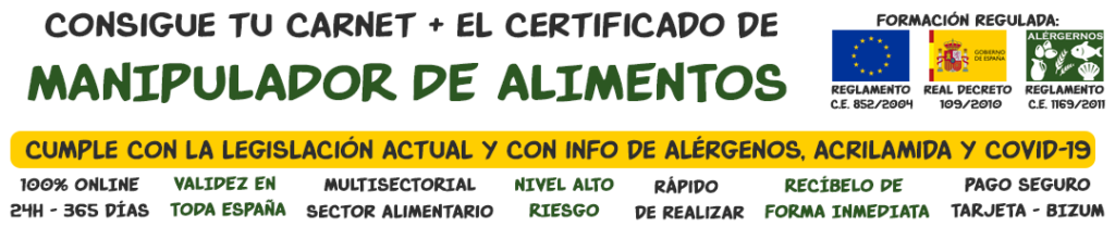 Banner Curso de Manipulador de Alimentos, con Carnet y Certificado. Formación Regula. Curso son Alérgenos, Acrilamida, COVID-19, curso online